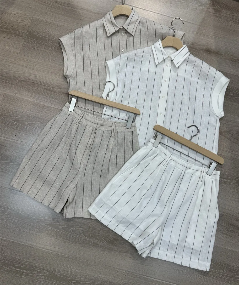 

2026 Summer New Women Clothing 2 piece Set Loose 100 Linen Short-Sleeve Shirt With Chain Matching Shorts Suit