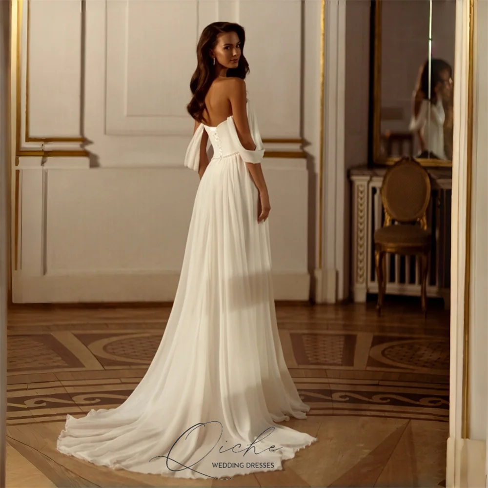 QICHE Classic Pleat Chiffon A-Line Wedding Dresses Deep V-Neck Off The Shoulder Open Back High Slit Vestidos De Novia Customized