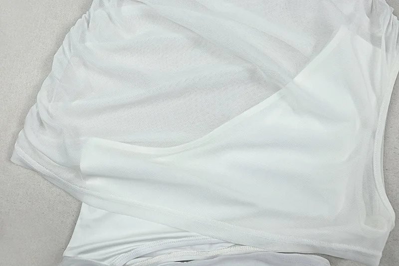 Camada de malha ruched lado fita bodycon mini vestido feminino elegante sexy um ombro sem mangas oco para fora hipster festa clubwear