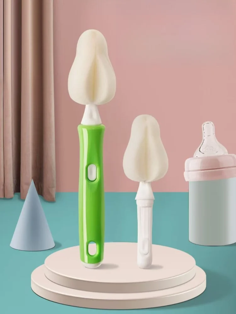 Portable Baby Bottle Cleaning Brush with Extra Spare Brush Head Soft Silicone Nipple Cup Straw Cleaner for Infant Feeding Bottle