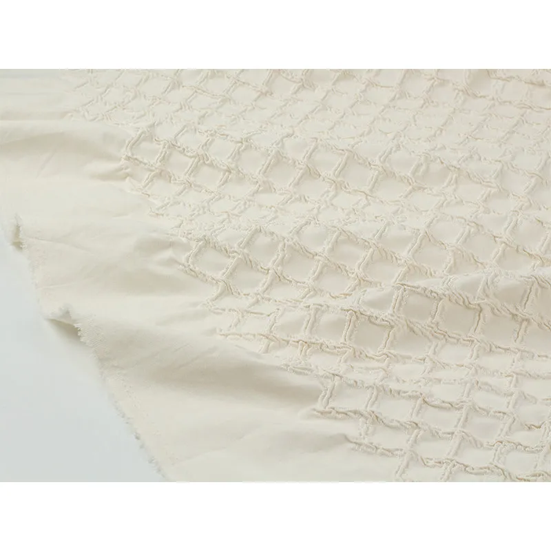 Cream White Square Cutwork Designer Fabric with 3D Fringe Boucle Texture for Artisan Apparel Design and Custom Garment Workshops