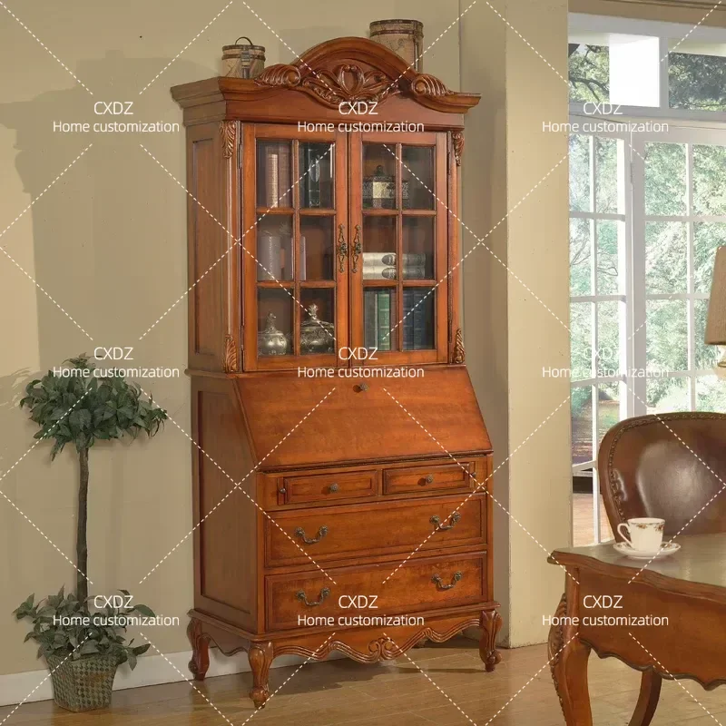Solid Wood Bookcase with Integrated Desk European Style Study Room Storage Cabinet for Bedroom Student Home Office Shelf