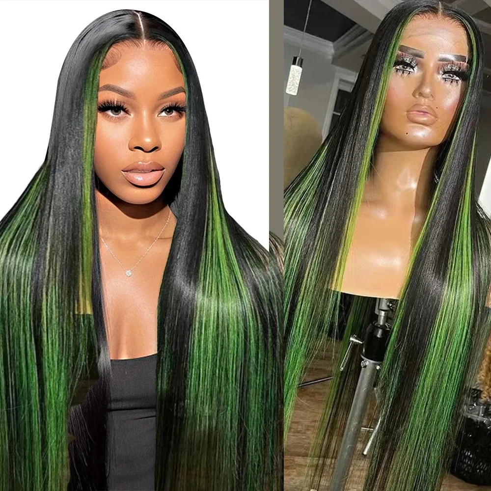 Peluca con malla Frontal recta de hueso resaltado negro y verde pelucas frontales de encaje 13X4 listas para usar prearrancadas sintéticas resistentes al calor