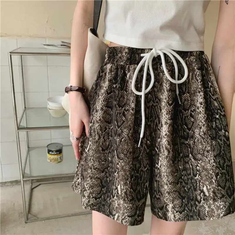 Snakeskin Pattern Shorts Elastic Waist For Women Summer New High Waist Leg Loose Pants Fashion Streetwear Female