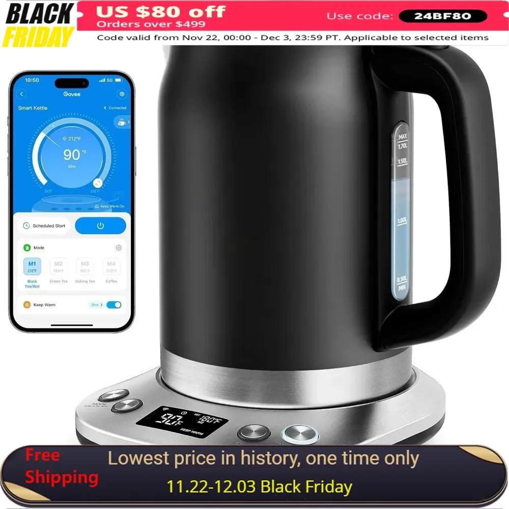 

Electric Kettle, WiFi Electric Tea Kettle with Ontrol, 1500W Rapid Boil and 2H Keep Warm, 1.7L Water Boiler, Water Kettles