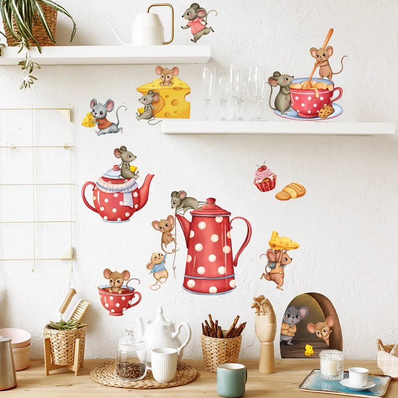 Creative Mouse Dessert Teapot Wall Sticker,Kitchen Layout Self-adhesive Mouse Wall Sticker