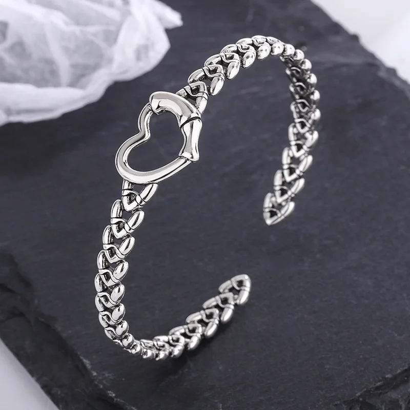 925 Sterling Silver Simple Chain Interlocking Retro Woven Love Vintage Bracelet Jewelry for Women Girls Party Daily Accessories