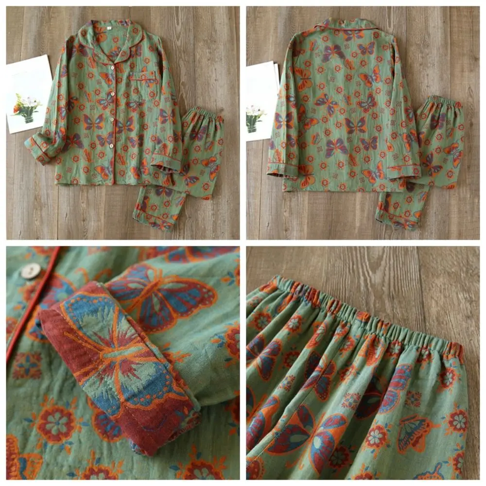 

Cozy Butterfly Cotton Pajamas Women Leaf Ethnic Style Two Piece Pyjamas Set Flower Retro Long Sleeve Nightwear Girls