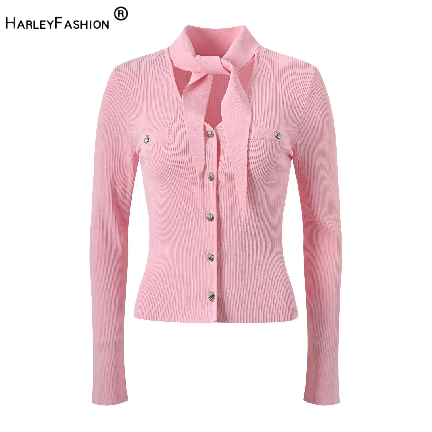 2024 Newest Designed Ribbon Collar Women Spring SolidKnitted Coat Office Lady Slim Fitted Single-breasted Cardigan