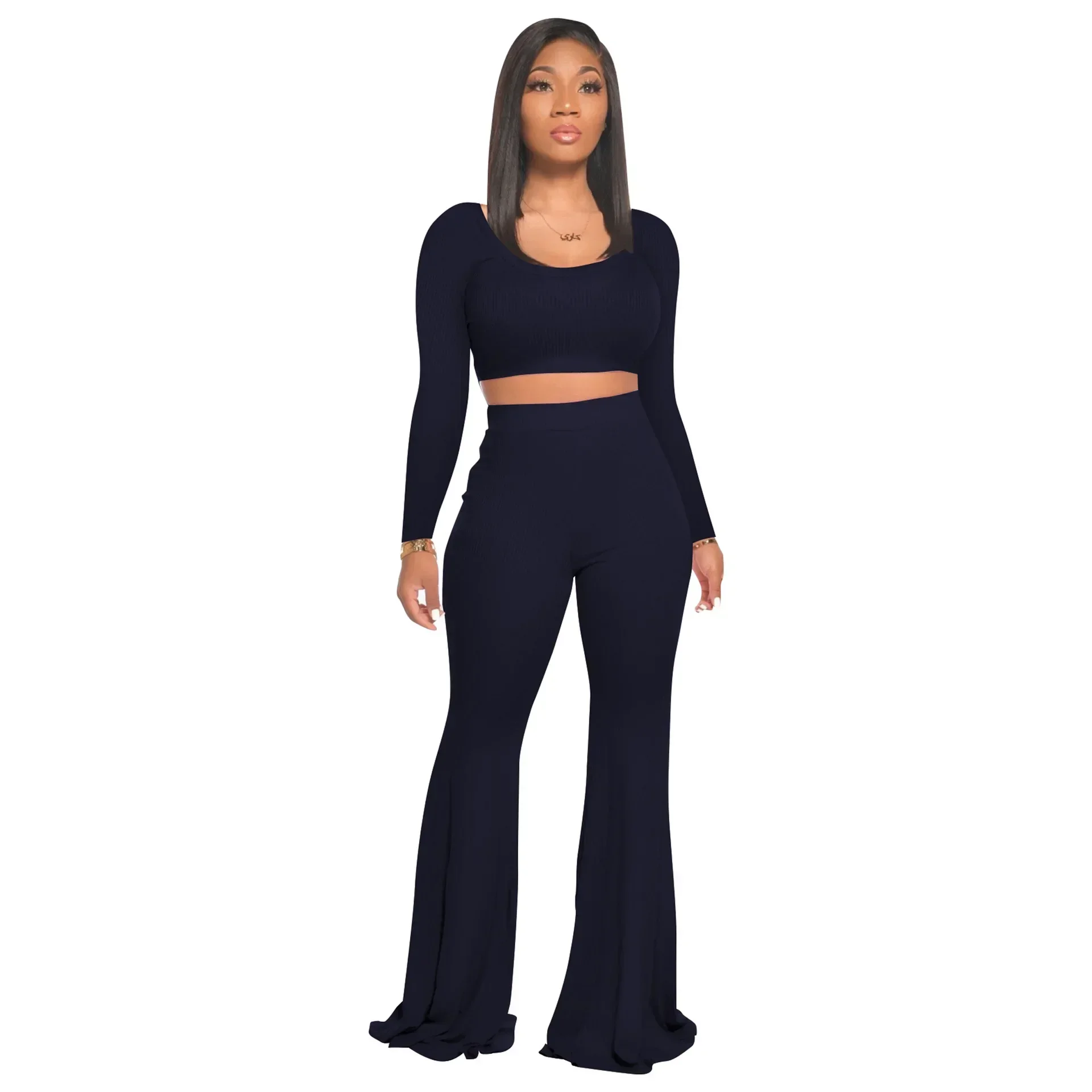 

Winter New Pit Stripe Solid Color Slim Fit Flare Pants Sports Set Womens