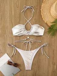 Bikini Kadın Mayo 2023 Yeni Beyaz Halter Bikini Set Seksi Dantel Up Mayo Yaz Iki Parçalı Beachwear Mayo Kadın