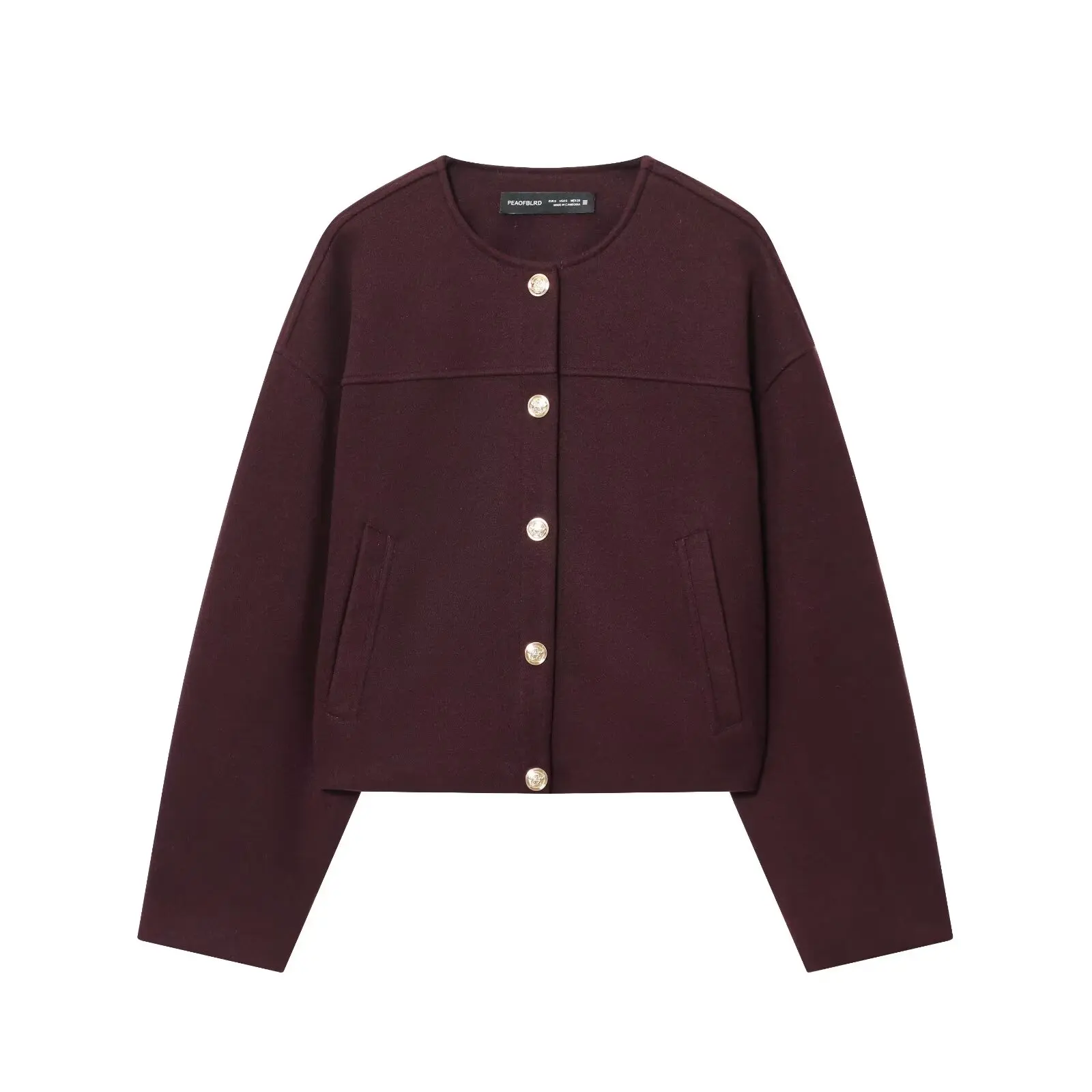 

Casual Women's Jacket Autumn/Winter Gold Button Pocket Soft Jacket Round Neck Design Women's Cropped Casual Top Elastic Hem