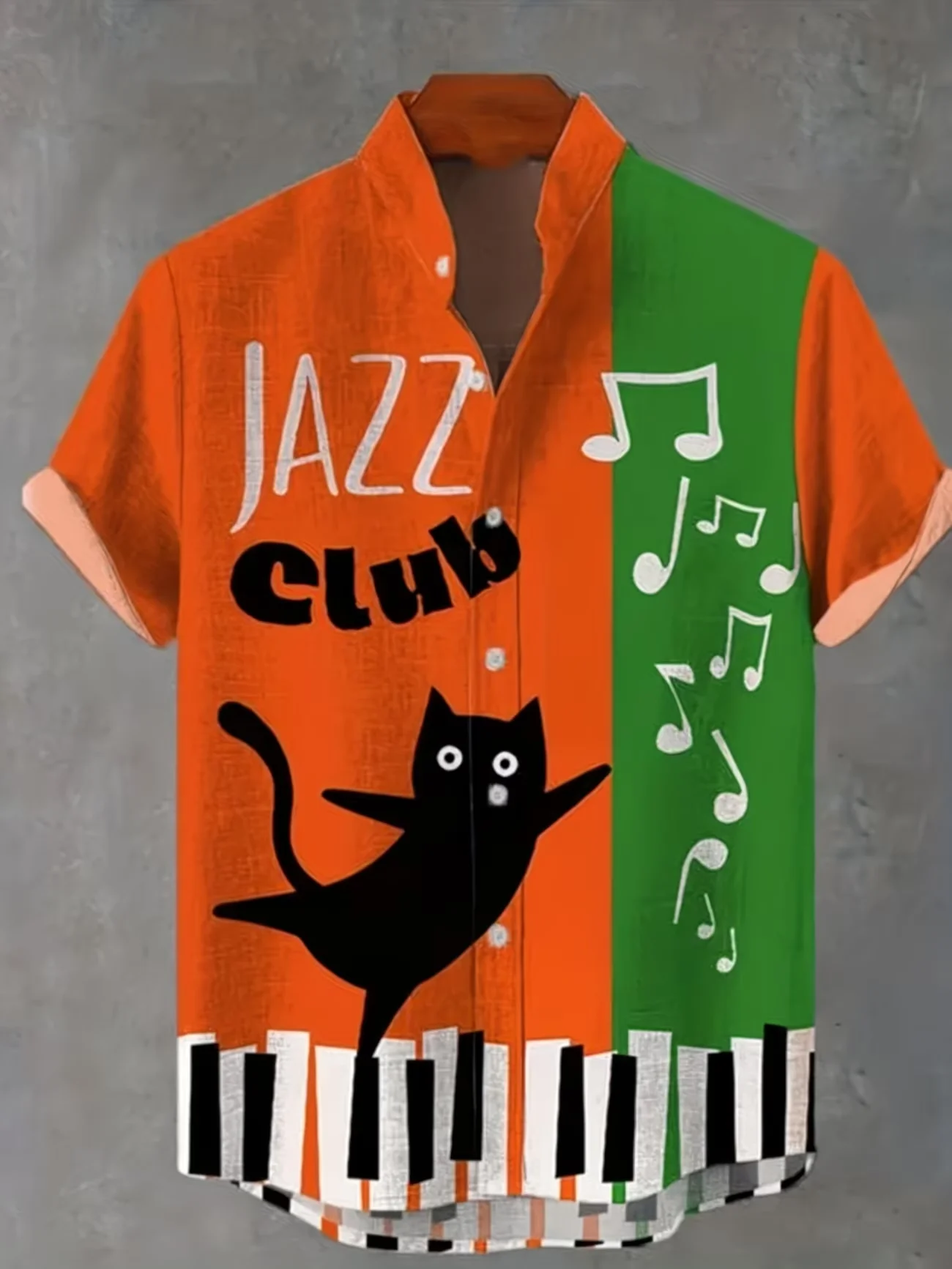 New men's short sleeved shirt with linen wave pattern, fashionable 3D music printing, artistic high-quality shirt