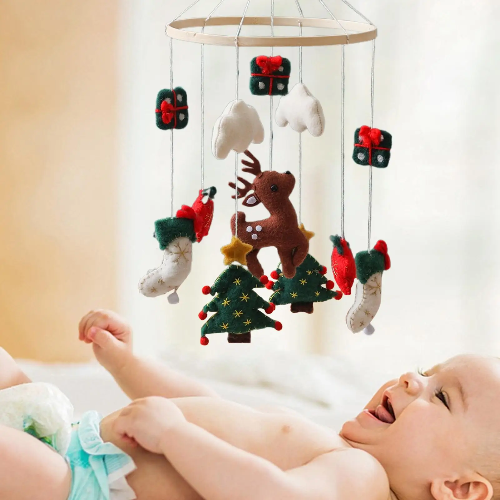 Baby Mobile for Crib Christmas Nursery Mobile Wind Chime Felt Reindeer Christmas Tree Nursery Decor for Children's Room Birthday
