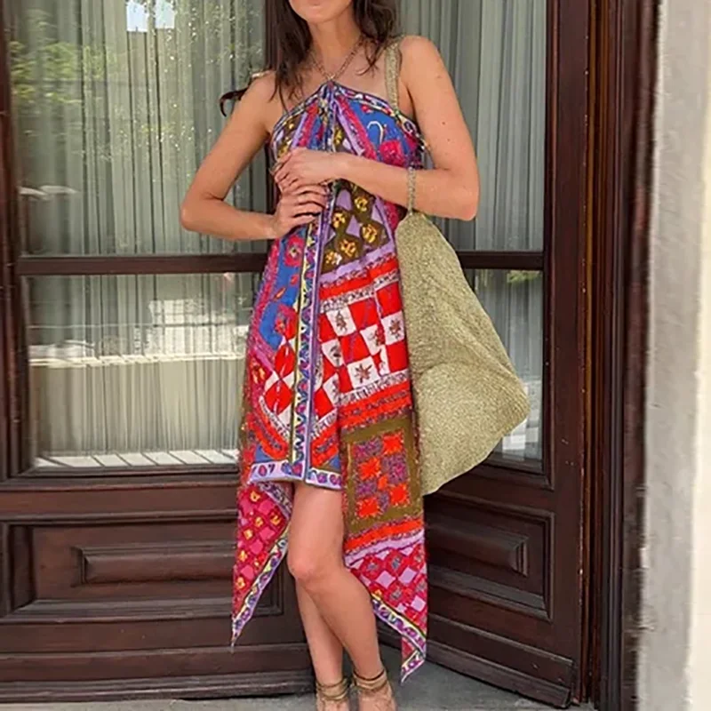Abiti da donna con orlo irregolare senza maniche con scollo all'americana stampato 2025 Abiti da vacanza estivi Boho Abito maxi bohémien da spiaggia casual