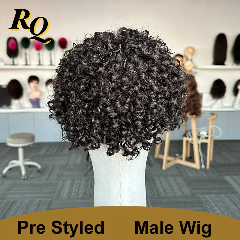 Q6 Men Toupee Peruk 15mm Curls Pre Cut Styled Human Hair Toupee For Men Hair Replacement System Piece Protesis Hombre Male Wig