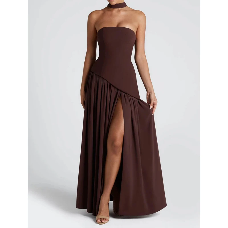 European and American sexy diagonal splicing slit dress with pleated strapless ribbon hanging neck long dress