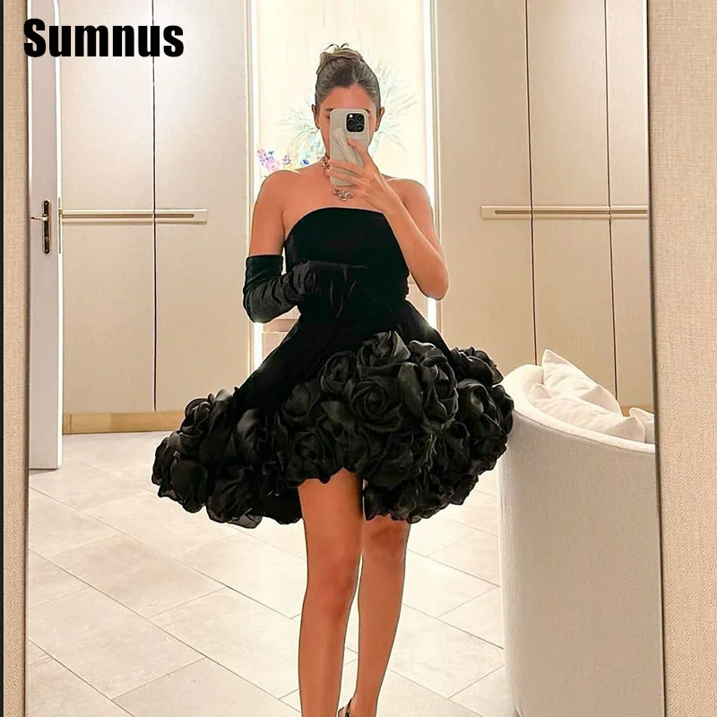 SUMNUS-Robe de Bal Noire Trapèze Élégante, Sans Bretelles, Plissée, Mini, Courte, Formelle, Personnalisée