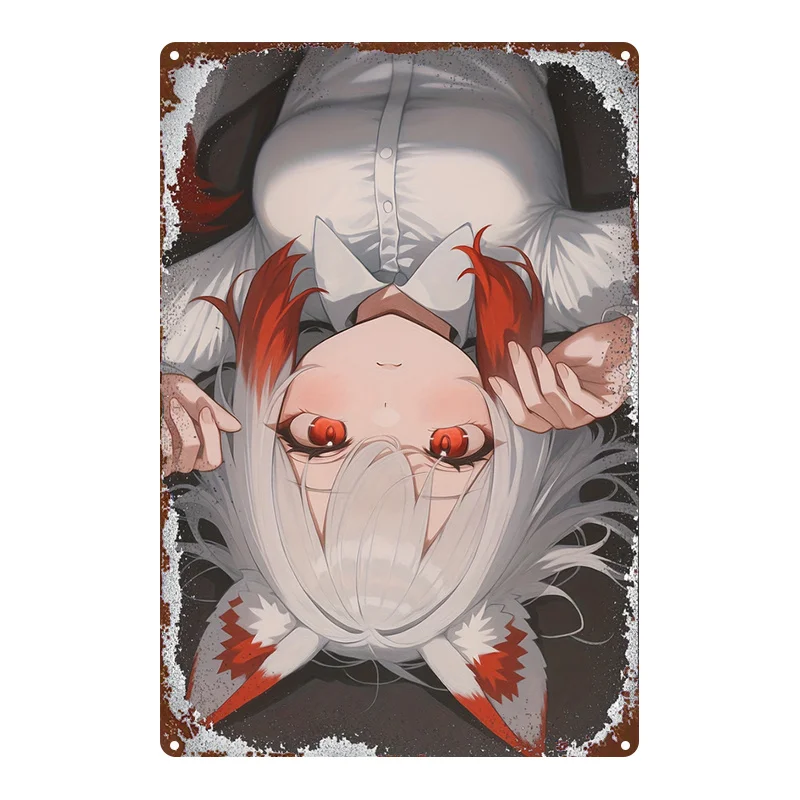 CIFBUY Fantasy Kemonomimi Girl Tin Wall Sign, White Hair Fox Girl Character Metal Plate Ornament for Indoor Decoration