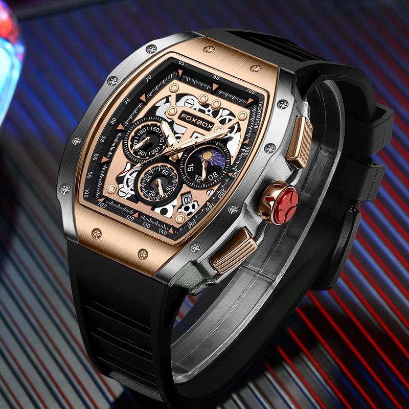 FOXBOX Luxury Men Watch Quartz Wristwatch Moon Phase Chronograph Waterproof Sport Silicone Strap Male Clock Relogio Masculino