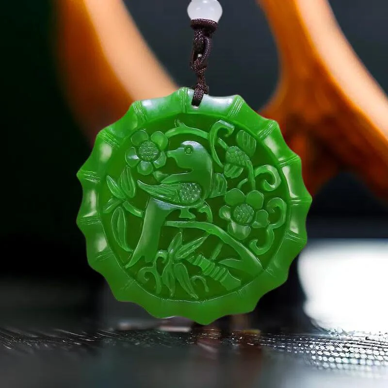 

Green Real Jade Flower Bird Pendant Necklace Carved Jewelry Chinese Talismans Charm Men Gift Fashion Vintage Natural Jasper