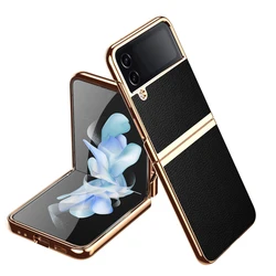 Luxury Litchi Pattern Genuine Leather Case for Samsung Galaxy Z Flip 4/Z Flip 3 Shockproof Electroplated Folding Protective Case