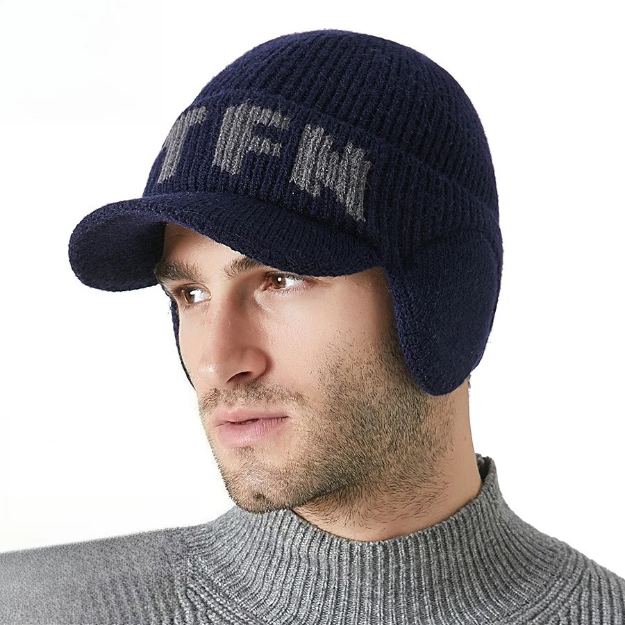 Fashion New Men's Knitted Hat Winter New Velvet Ear Protector Pullover Baseball Cap Outdoor Versatile Cold and Warm Wool Cap