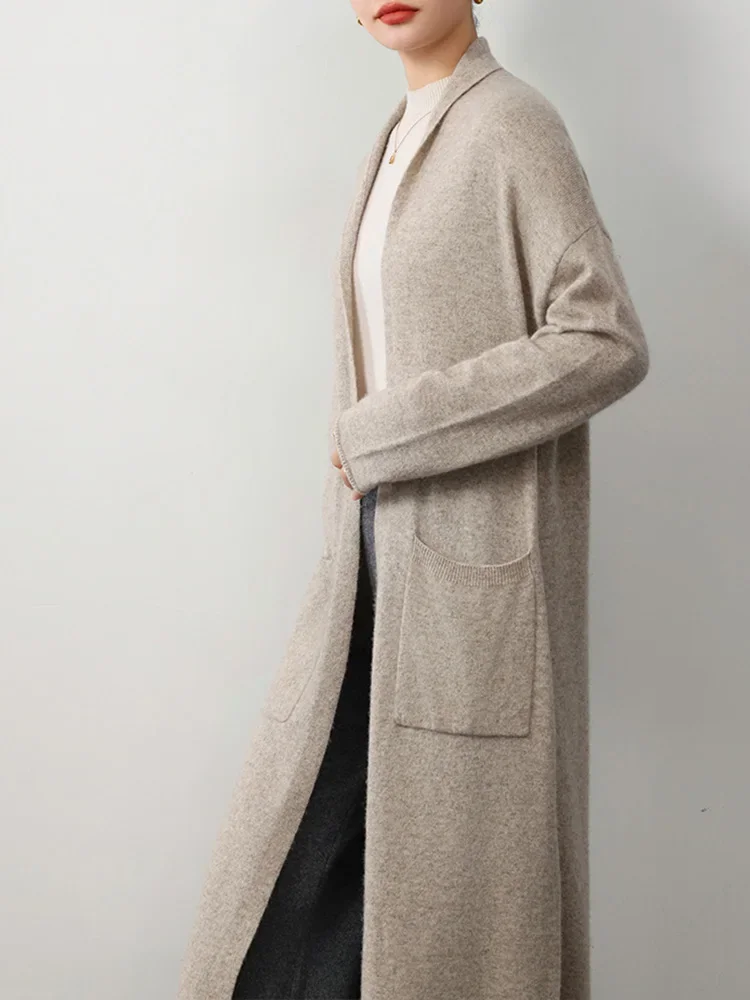 Women Wool Cashmere Long Cardigan 35% Cashmere Fashion Color Knitted Tops Robe Loose Shirt Sweaters Solid Autumn Winter 2024 New