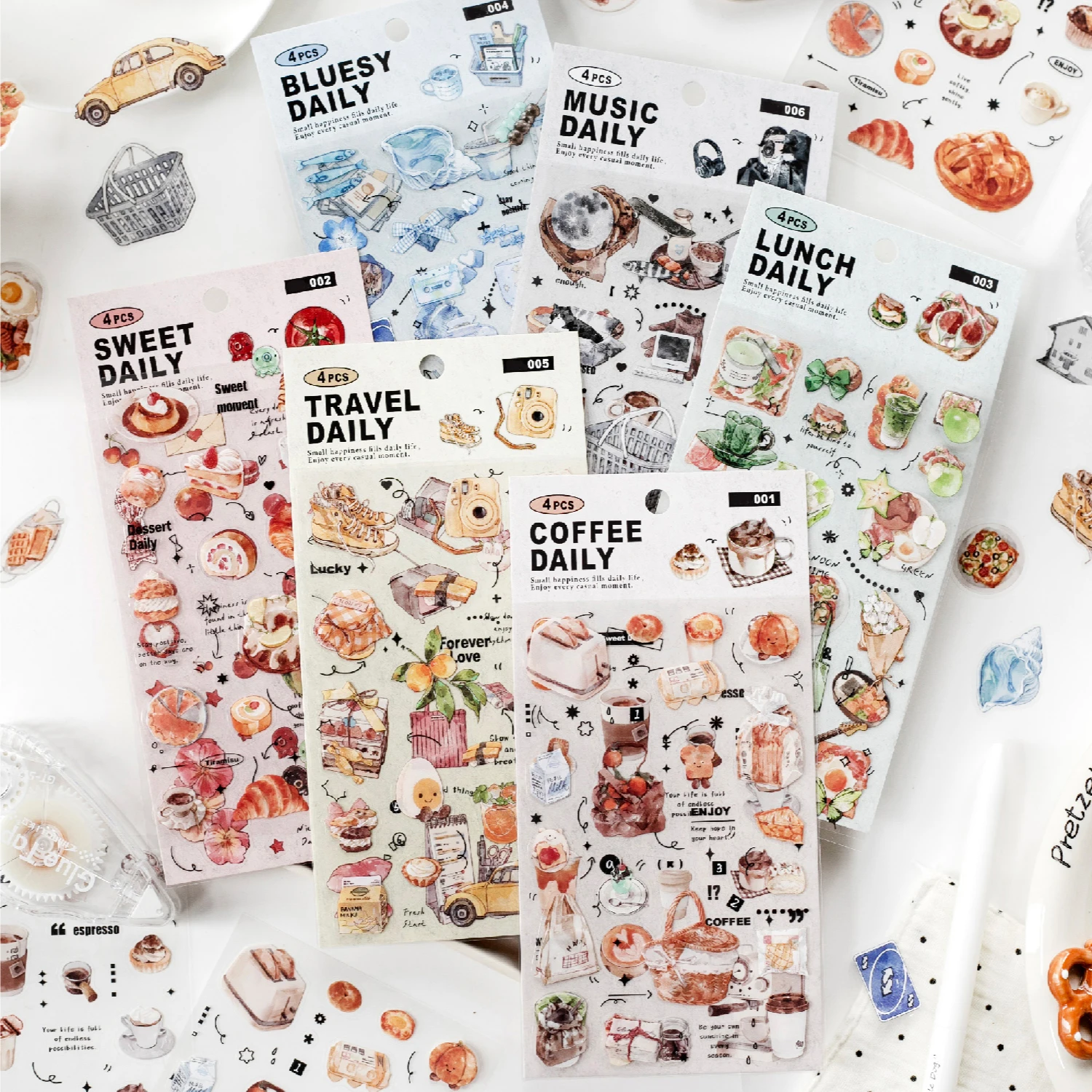 4Pcs Daily Food Travel PET Stickers, snack coffee life pattern transparent decals for journal collage