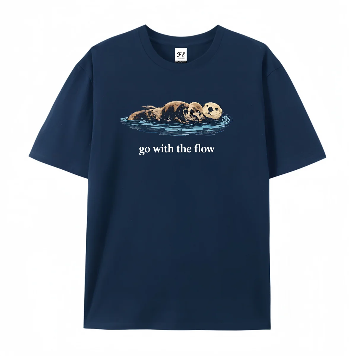 Go With The Flow Sea Otter T-Shirt Vintage Washed Ocean Animal Graphic Tee Cute Wildlife Nature Lover Unisex Casual Short Tops