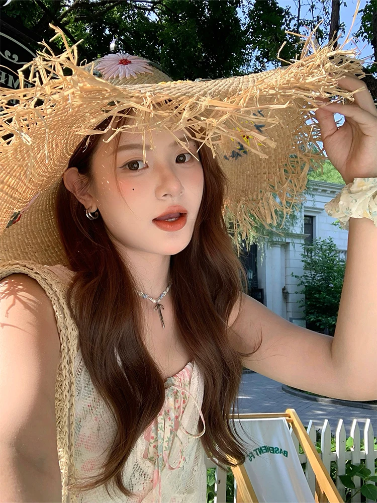 Handmade Laffey Straw Hat Women's Summer Beach Vacation Large Brim Sunshade Sun Hat Casual Style Embroidered round Top Hat