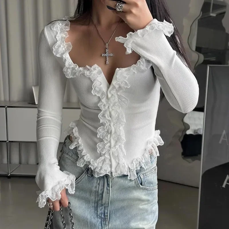 

Talenza White Lace T-Shirt Top Women's Sexy Short Lace Bottoming Tight Long Sleeve Top High Streetwear Patchwork Cardigan Top