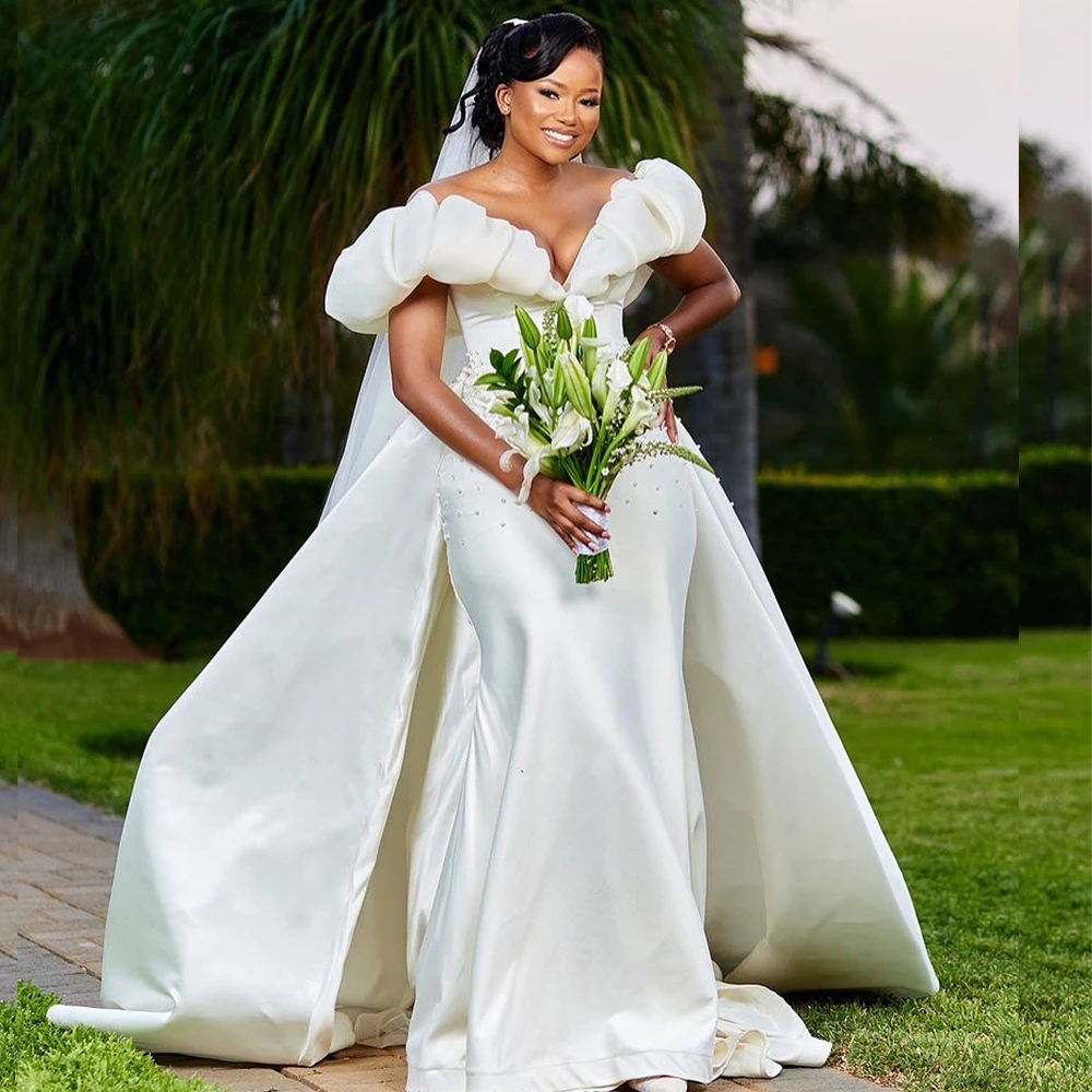 African Modern Mermaid Wedding Dresses with Removable Skirt Off Shoulder Lace up Pearls Garden Country Bridal Gowns Customized