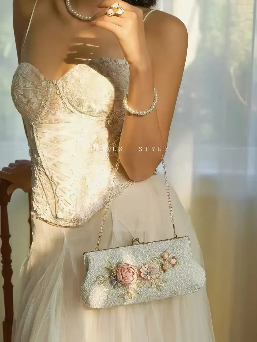 

High Quality Beads Beaded Woven Handmade Clutch Purse Fashion Solid Floral Women Handbag Wedding Party Banquet Bag Shoulder Bag