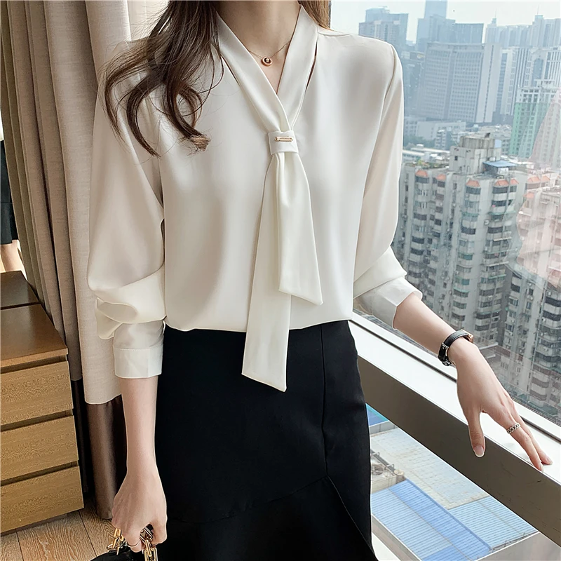 2023 Fashion Chiffon Blouse Women Tops Office Long Sleeve White Women Shirts With Tie V Neck Loose Female Clothing New 13022