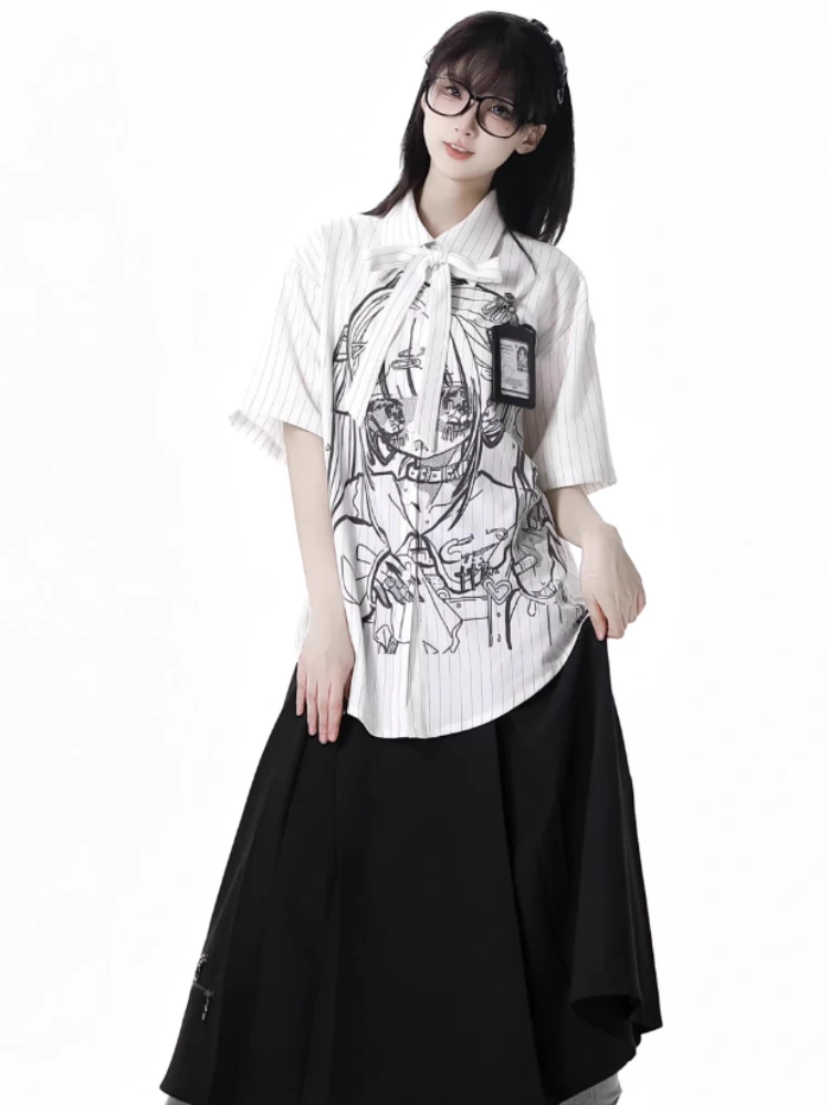 ADAgirl Harajuku Striped Short Sleeve Blouse for Teengirls Japanese Anime Print Shirt with Bow Summer Gothic Punk Cute Clothes