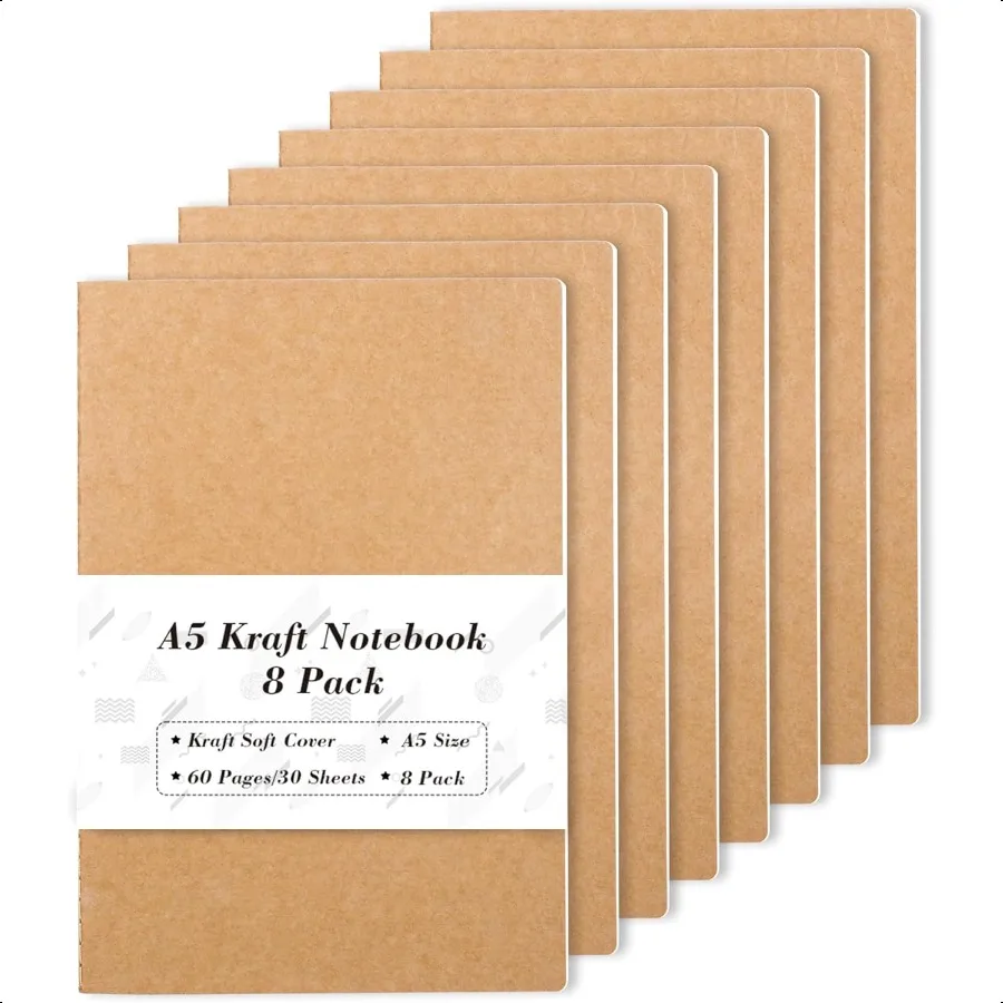 8 عبوات من دفاتر ملاحظات كرافت مقاس A5 مكونة من 60 صفحة فارغة مبطنة لمجلة السفر بغطاء ناعم دفاتر ملاحظات للنساء والفتيات والطلاب صنع خططًا مع
