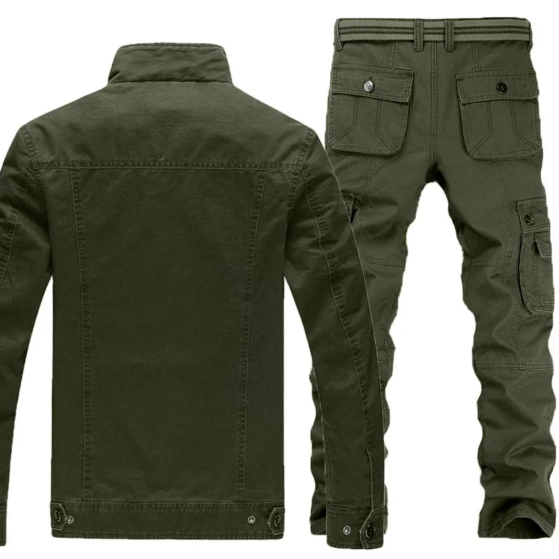 Conjunto militar de algodón bordado para hombre, chaqueta con múltiples bolsillos, pantalones Cargo rectos resistentes al desgaste, traje de 2