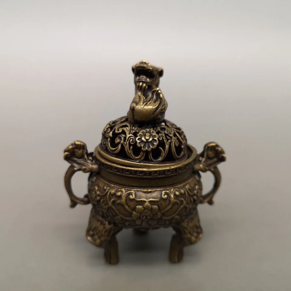 Pure copper creative incense burner, copper three legged double ear round  with lid, mini Pixiu carved three legged tripod