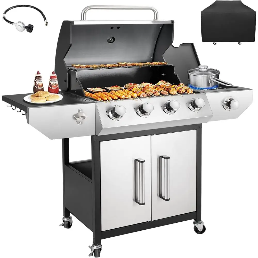 

4-Burner Propane Gas Grill with Side Burner, Enameled Cast Iron Grates, 53,000 BTU, Stainless Steel Cover