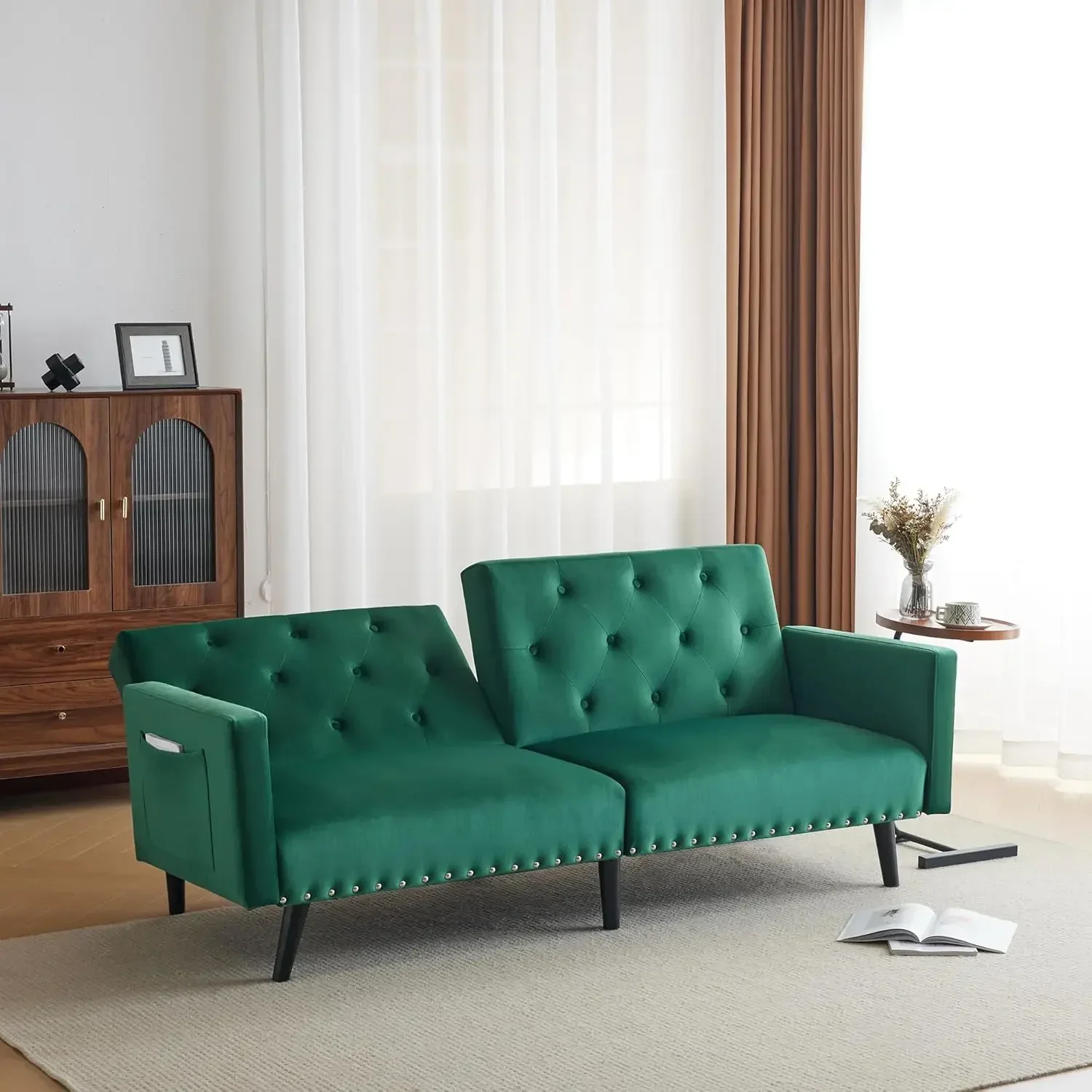 Velvet Sofa Bed with Storage Pocket Modern Nailhead Inlay and Button Tufted Chaise Lounge for Living Room, Guest Room, Bedroom