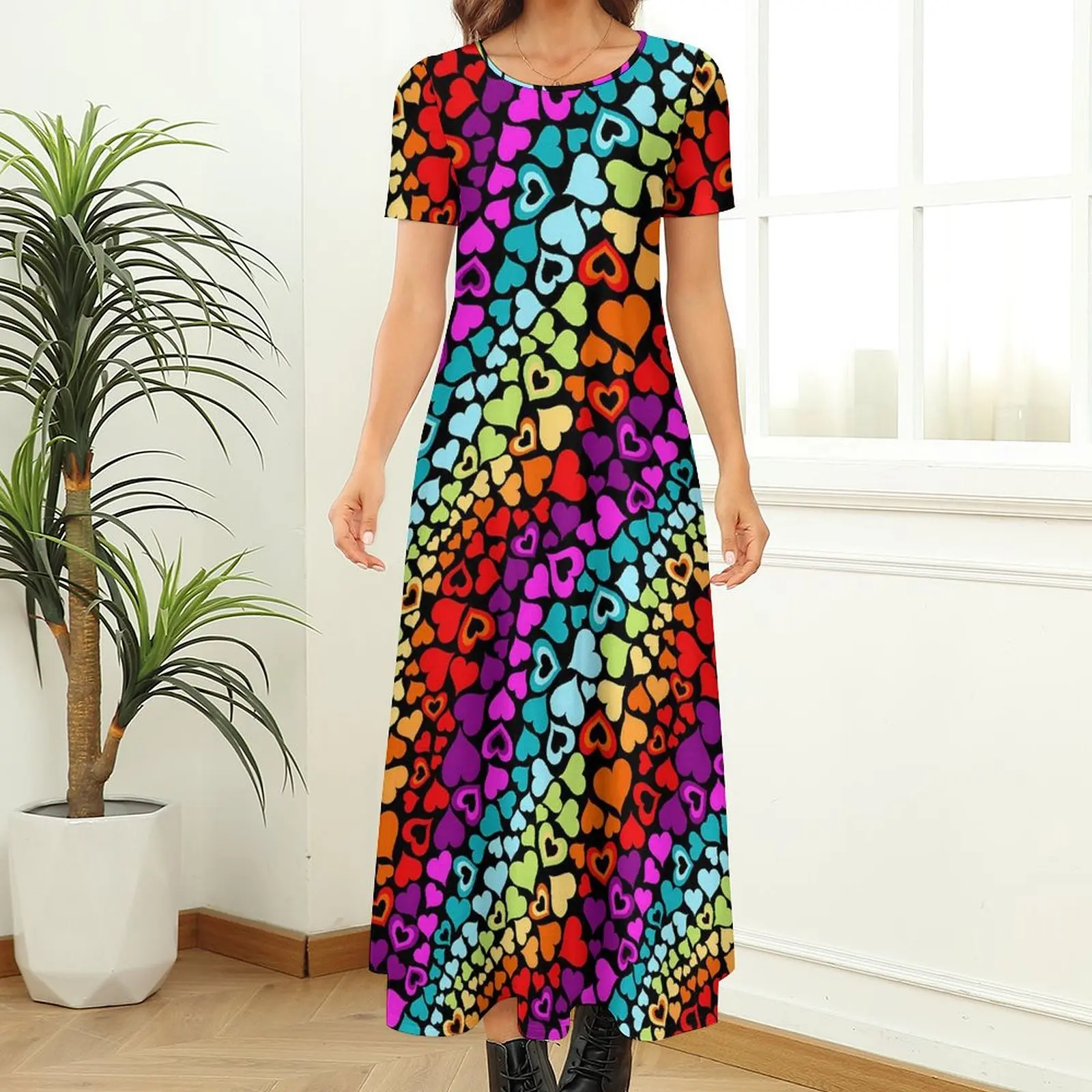 Tęczowa sukienka z sercami miłosnymi Walentynki Vintage Maxi Sukienka z krótkim rękawem Śmieszne długie sukienki plażowe Boho Kobieta Wzór Oversize Vestido