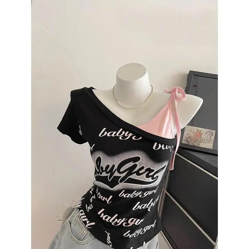 American Retro Print Shoulder Bared Short Sleeve T Shirt Women Summer Y2K Sexy Unique Slimming Strap for Trendy Girls