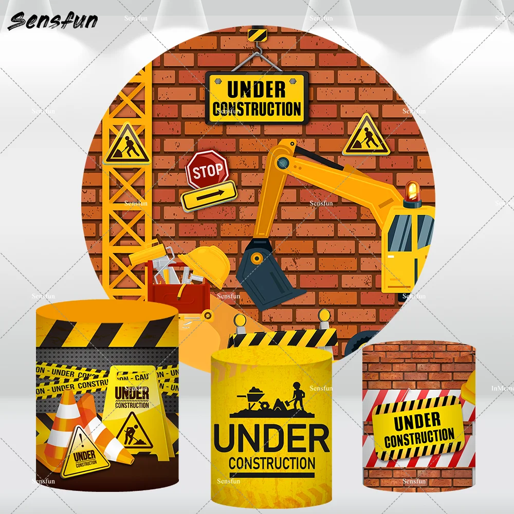 Road Construction Round Backdrop Photography Children Baby Happy Birthday Party Banner Excavator Circle Background Decoration