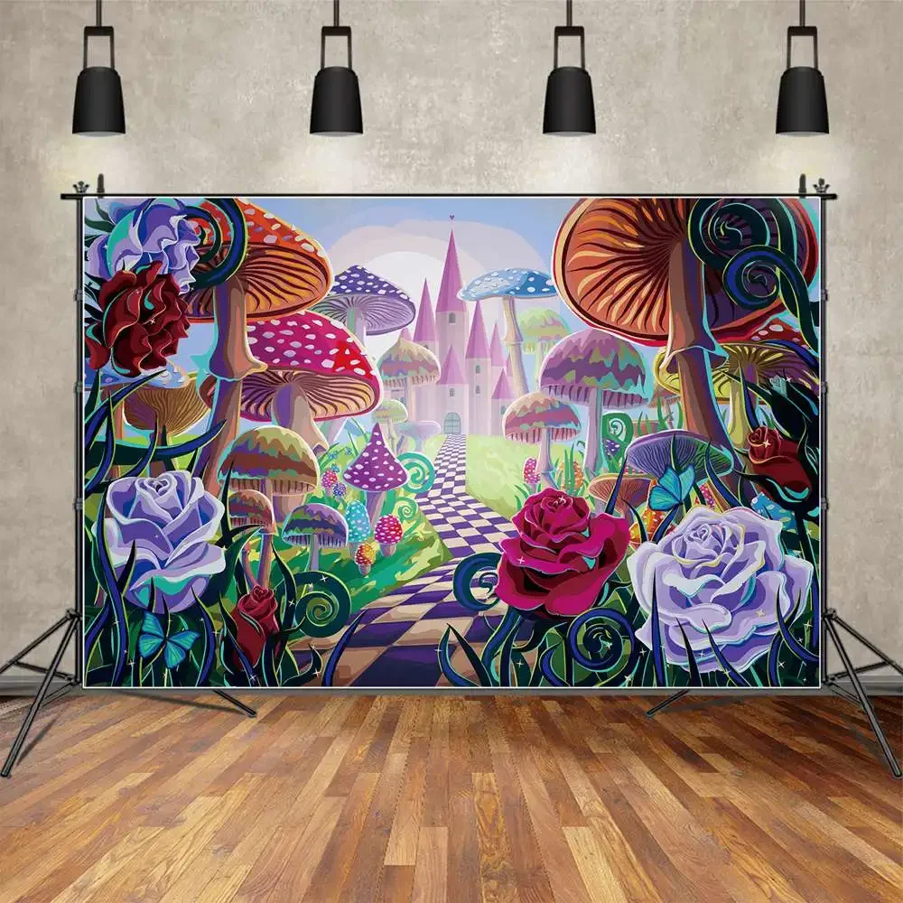 Фотозона на день рождения для девочек, фон для фотосъемки «Алиса в стране чудес», сказочный лес, Радужный цветок, знак, фотостена
