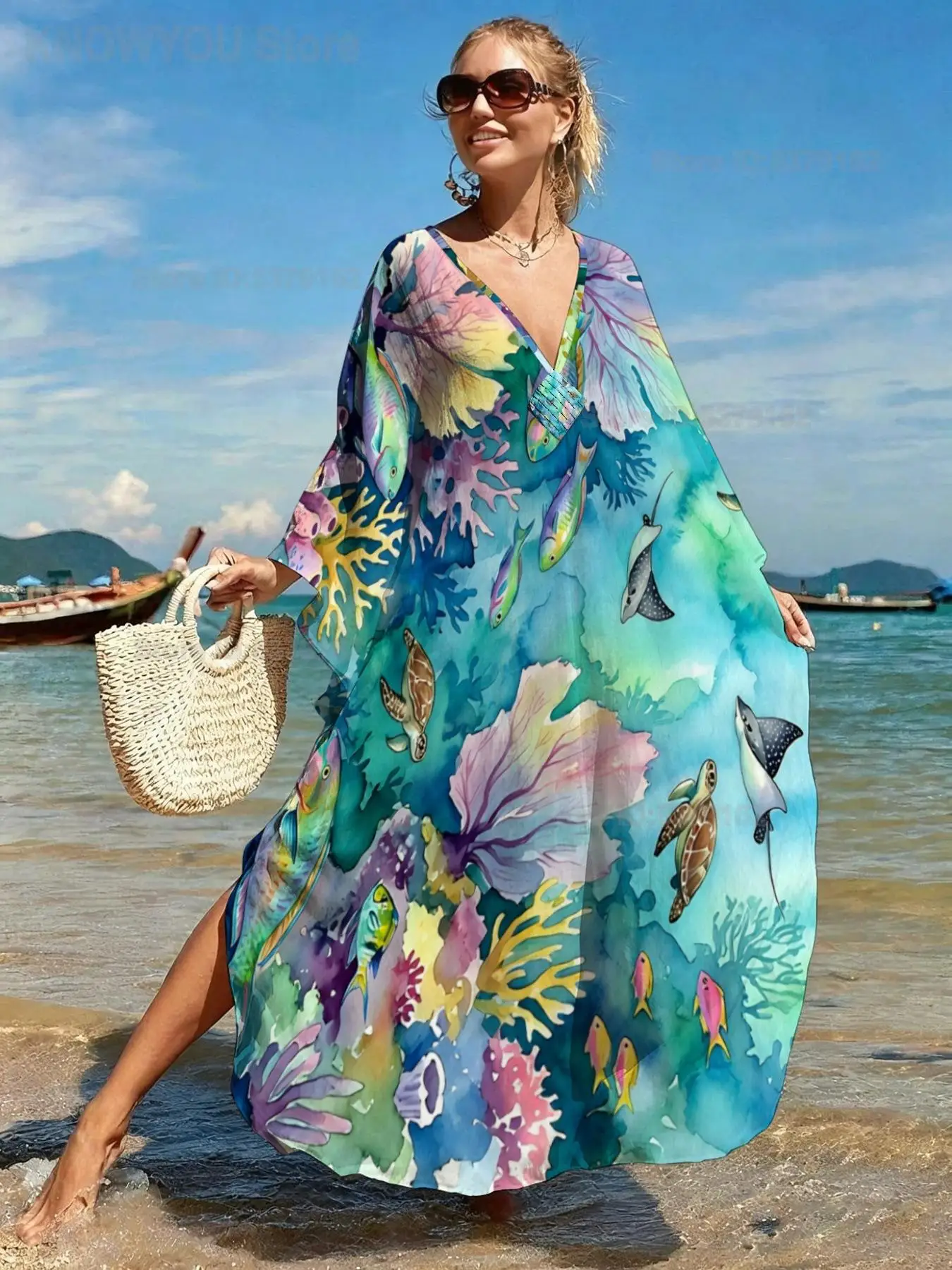 Women New Boho Vacation Long Dress Beach Cover Up Bikini Outer Wrap Loose Swimwear Cover for Seaside Holiday Beachwear Outfit
