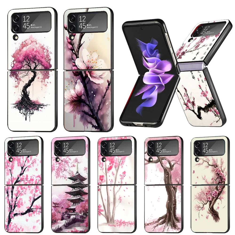 Cherry Blossom Tree Hard PC Phone Case For Samsung Galaxy Z Flip6 Flip5 Flip4 Black Cover Z Flip 6 5 4 3 5G Shockproof Case Capa