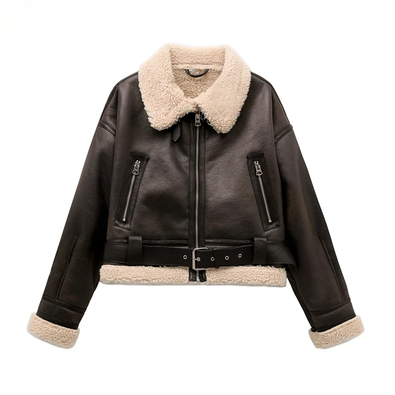 2024 New WOMAN'S fashion thick warm faux shearling jacket coat vintage long sleeve belt hem female outerw