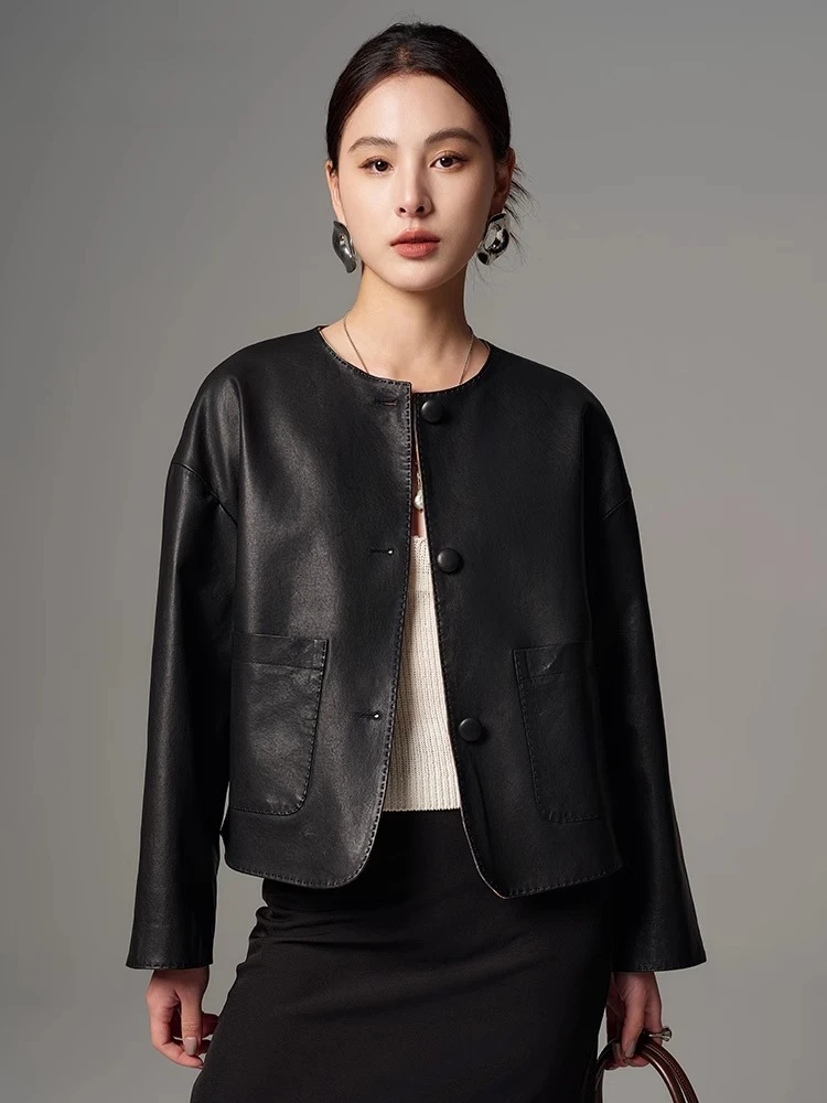 

O-neck Black Genuine Leather Jacket for Women Spring Autumn 2026 New High-end Simple Double-sided Wear Short Real Sheepskin Coat