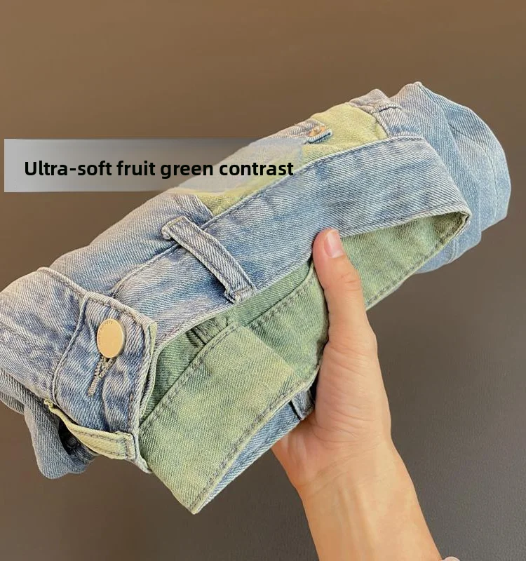 

plus Size American Contrast Color Denim Pants Women's Spring Summer Loose Versatile Slimming Nine Point Harlan Pants